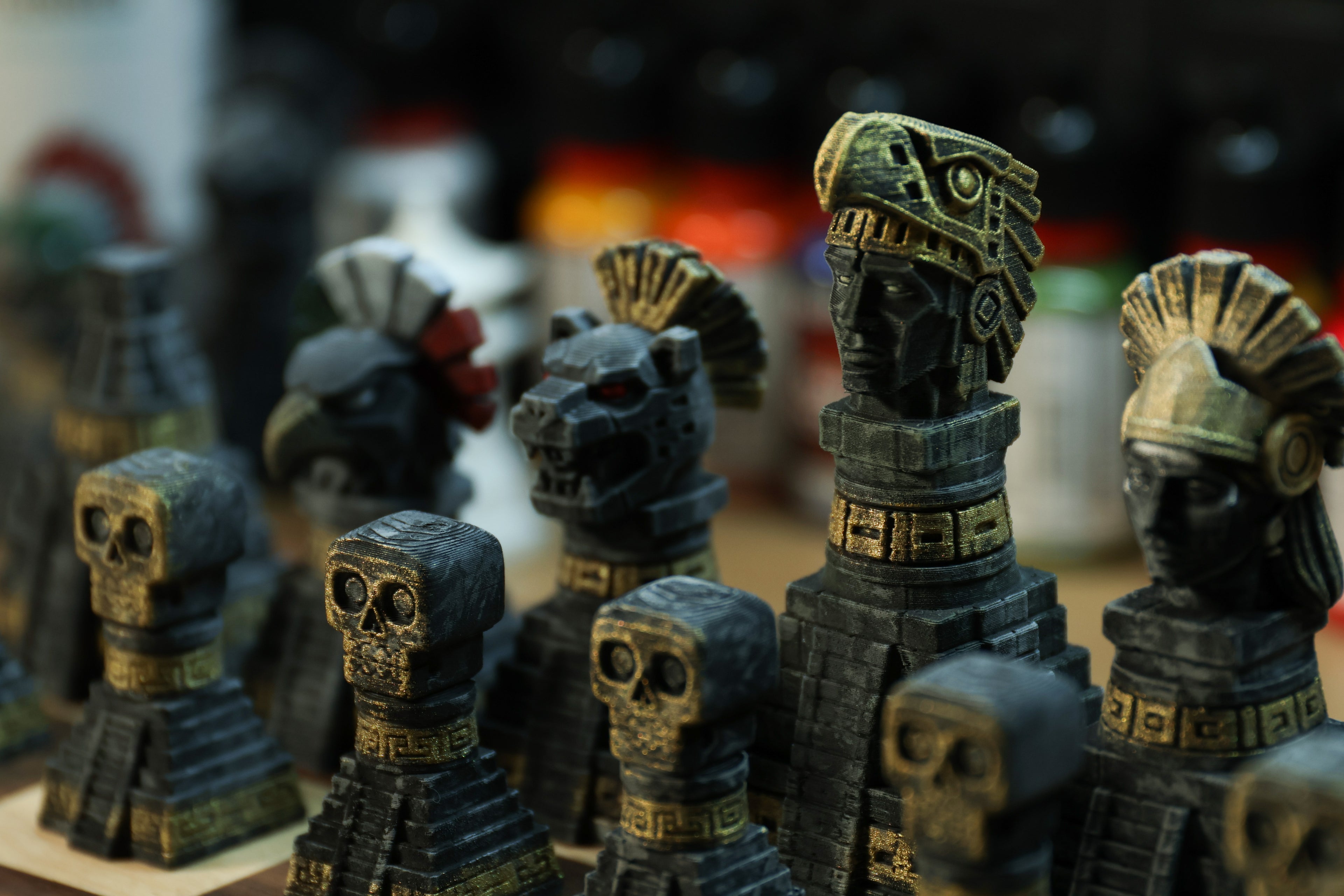 The Aztec Chess Set: Collectable pieces handpainted ancient civilization. Historical gift (No Board).