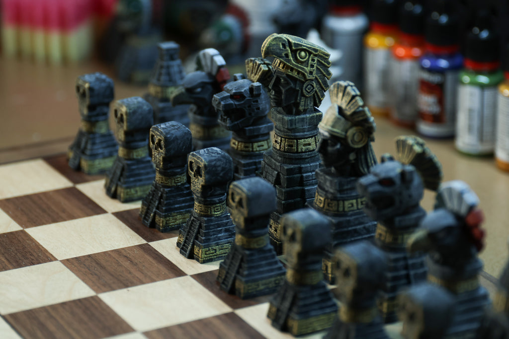 The Aztec Chess Set: Collectable pieces handpainted ancient civilization. Historical gift (No Board).