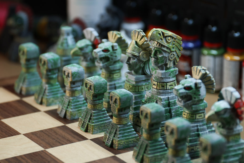 The Aztec Chess Set: Collectable pieces handpainted ancient civilization. Historical gift (No Board).