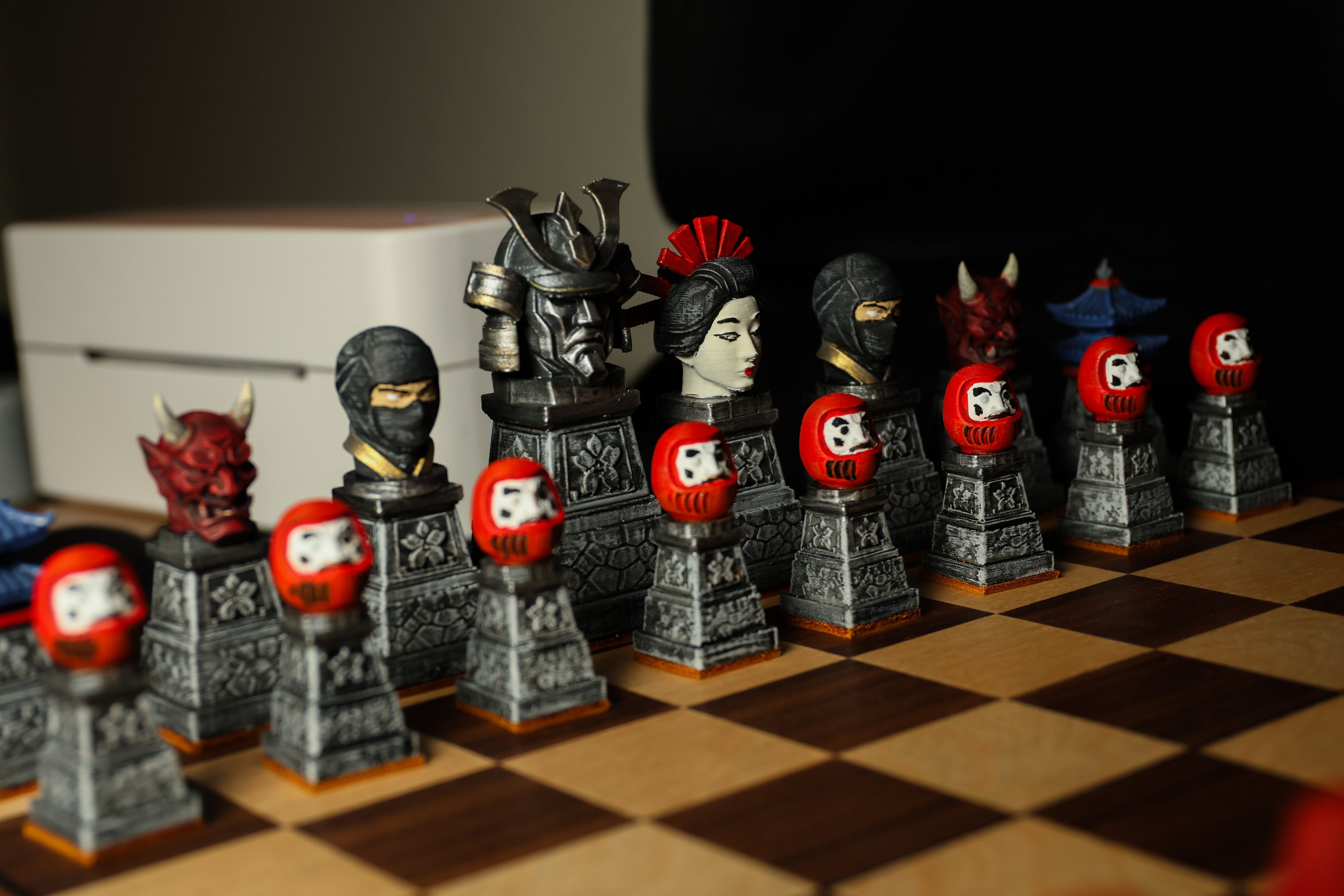 Japanese Chess Set (No Board) / Hand-Painted / Wood vs. Stone / Leather Base / Samurai, Geisha, and Ninja