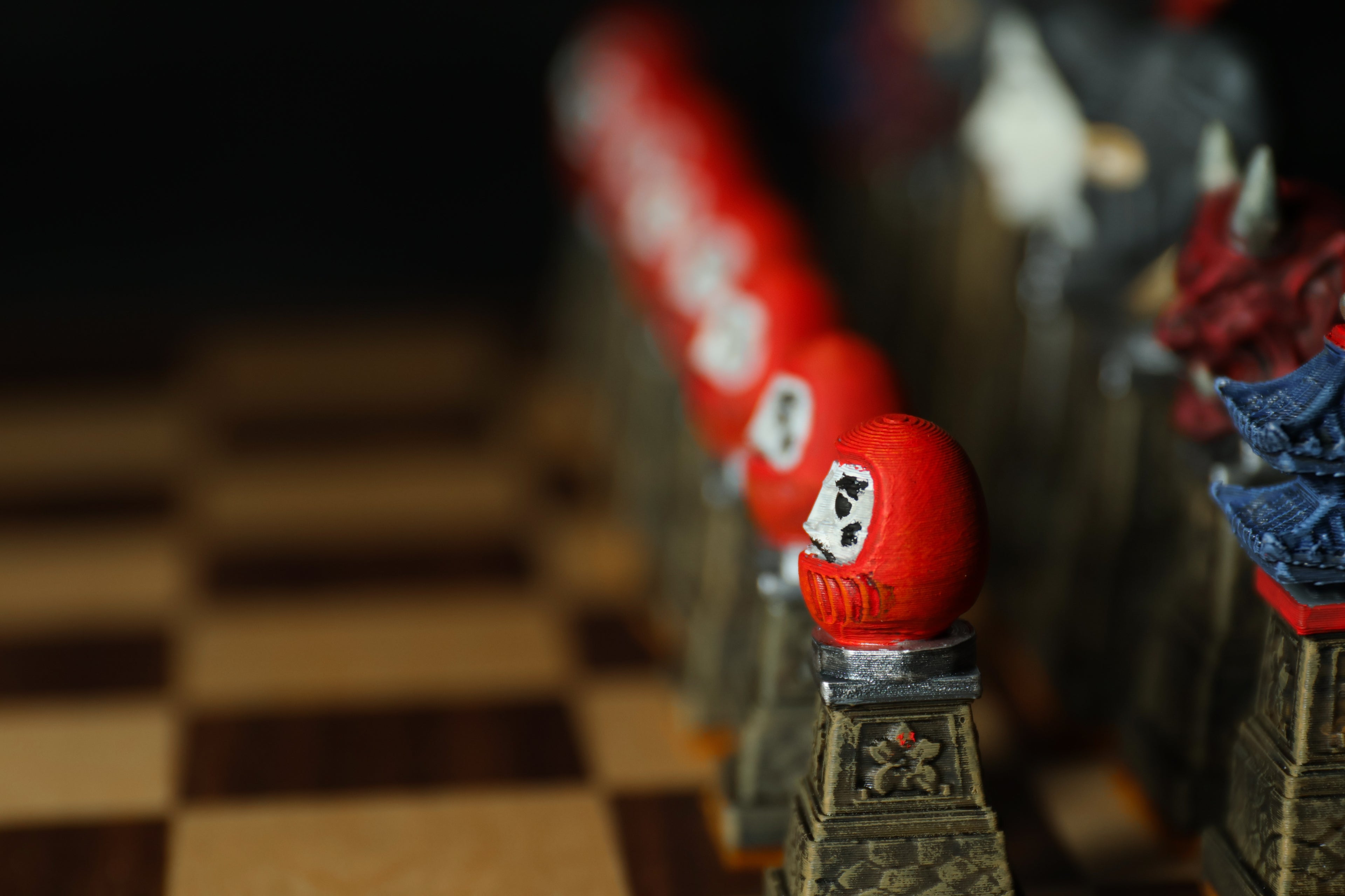 Japanese Chess Set (No Board) / Hand-Painted / Wood vs. Stone / Leather Base / Samurai, Geisha, and Ninja