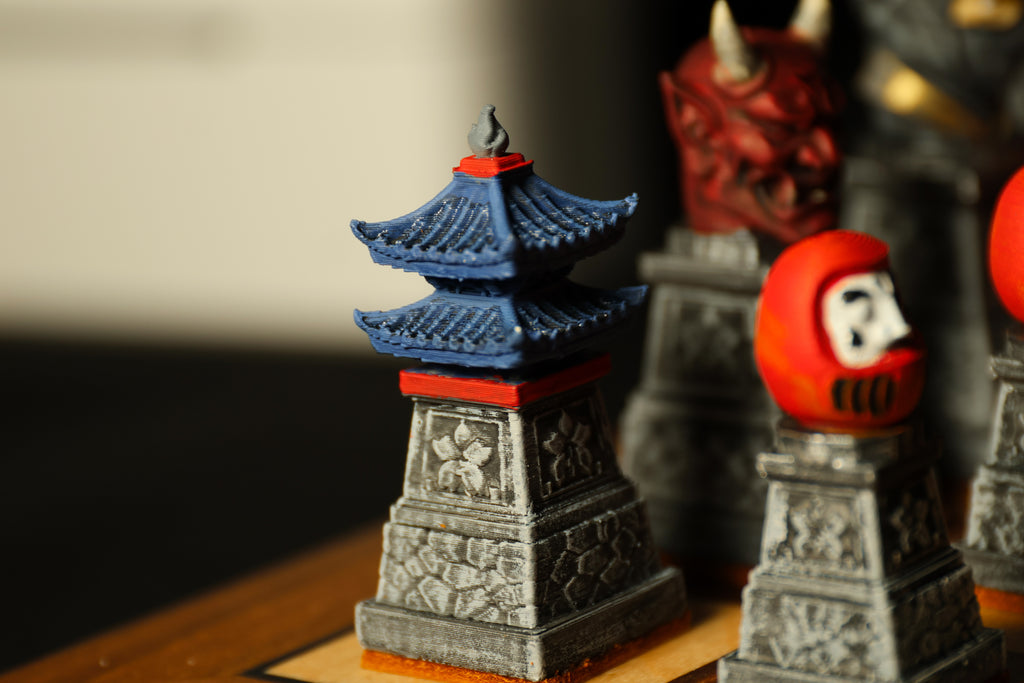 Japanese Chess Set (No Board) / Hand-Painted / Wood vs. Stone / Leather Base / Samurai, Geisha, and Ninja