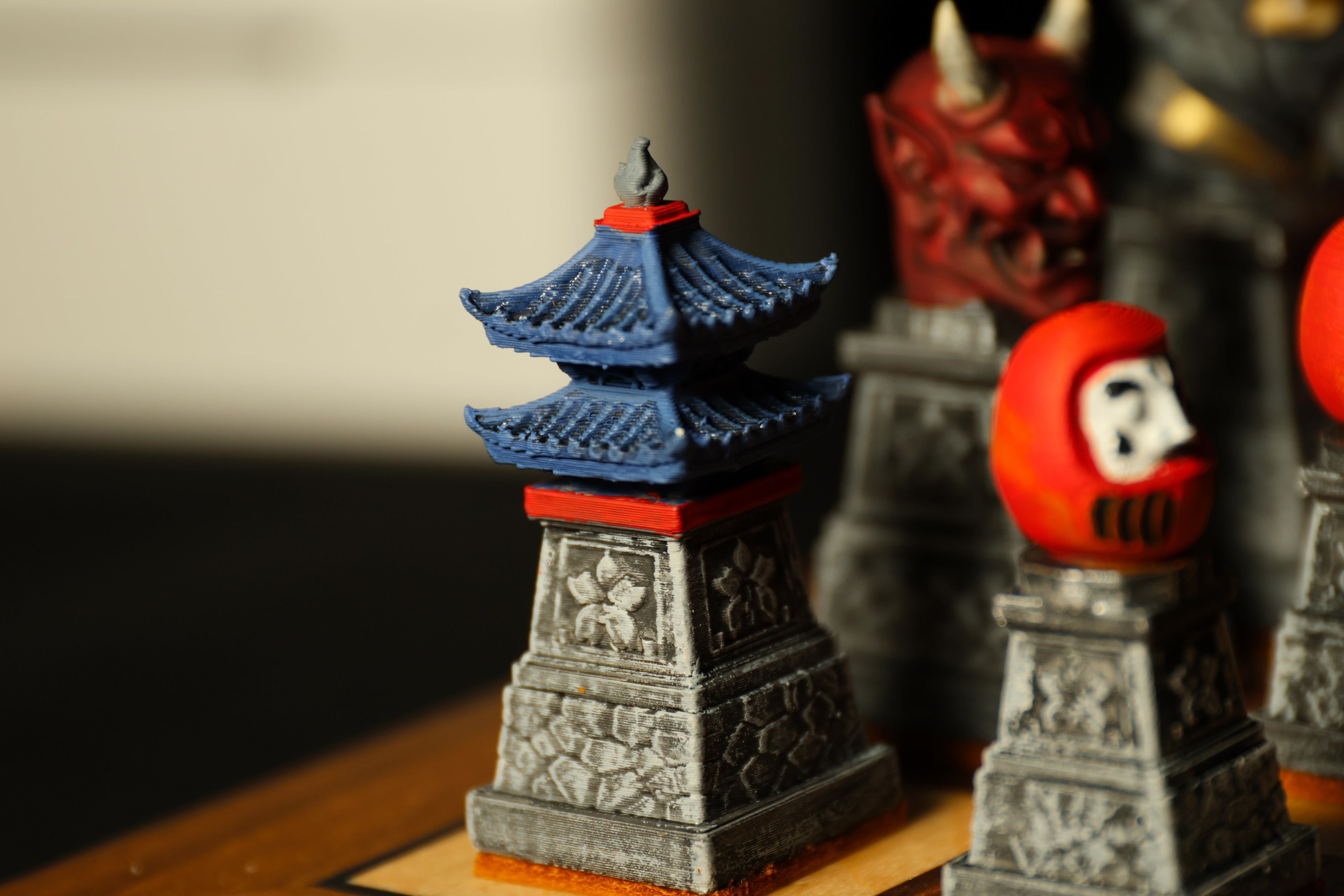 Japanese Chess Set (No Board) / Hand-Painted / Wood vs. Stone / Leather Base / Samurai, Geisha, and Ninja