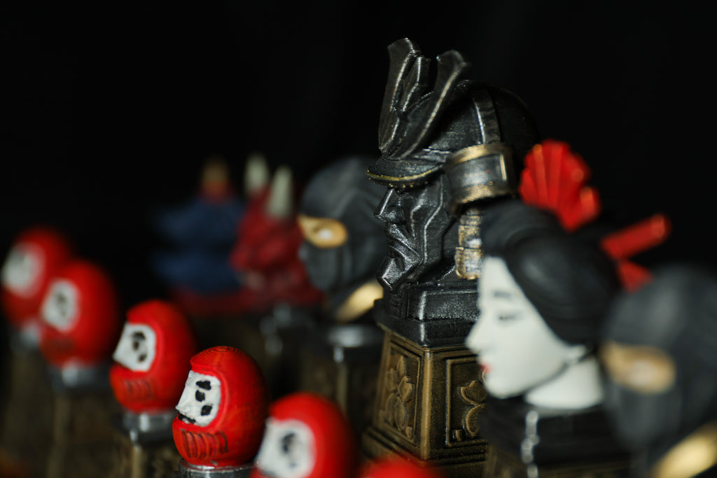 Japanese Chess Set (No Board) / Hand-Painted / Wood vs. Stone / Leather Base / Samurai, Geisha, and Ninja