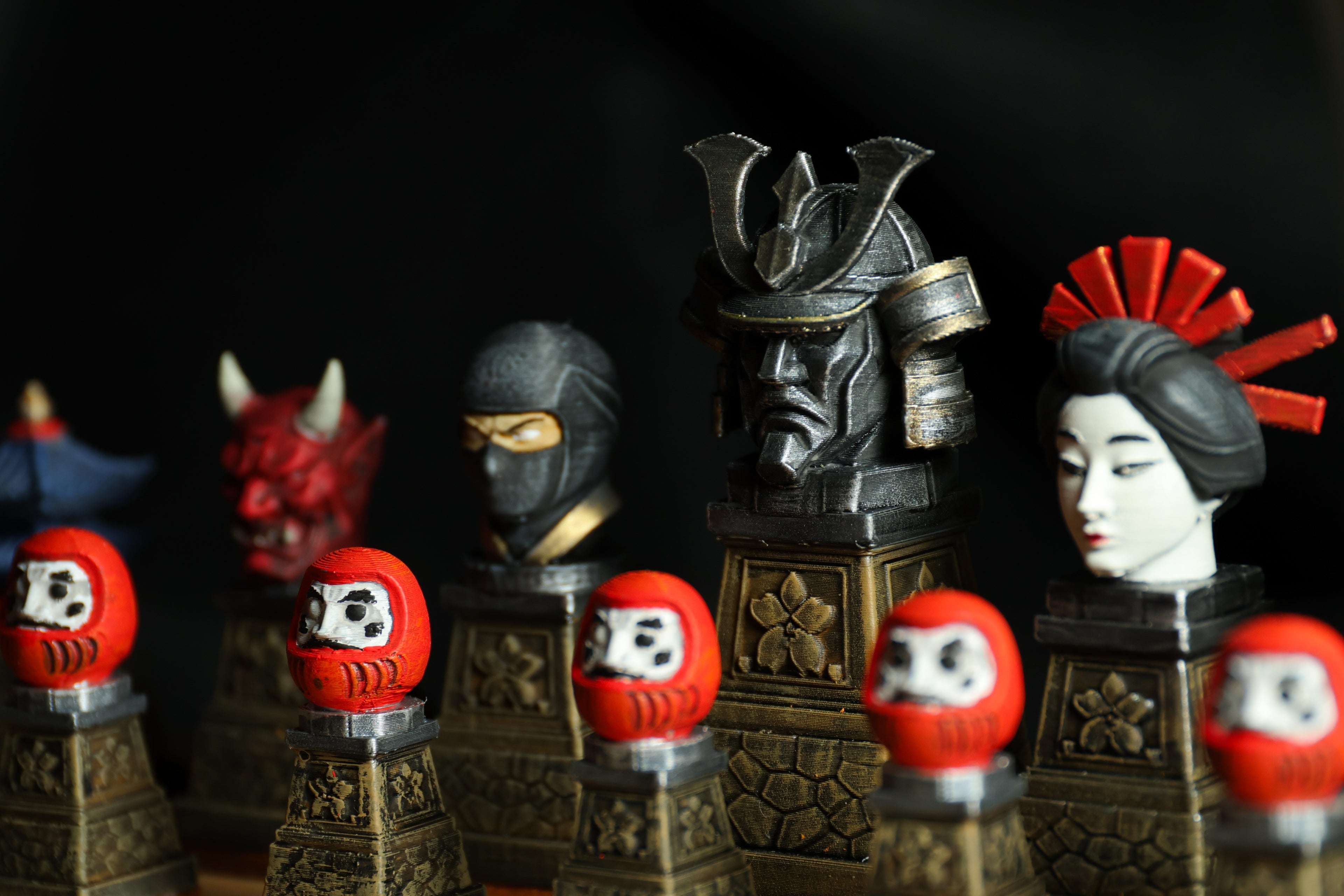 Japanese Chess Set (No Board) / Hand-Painted / Wood vs. Stone / Leather Base / Samurai, Geisha, and Ninja