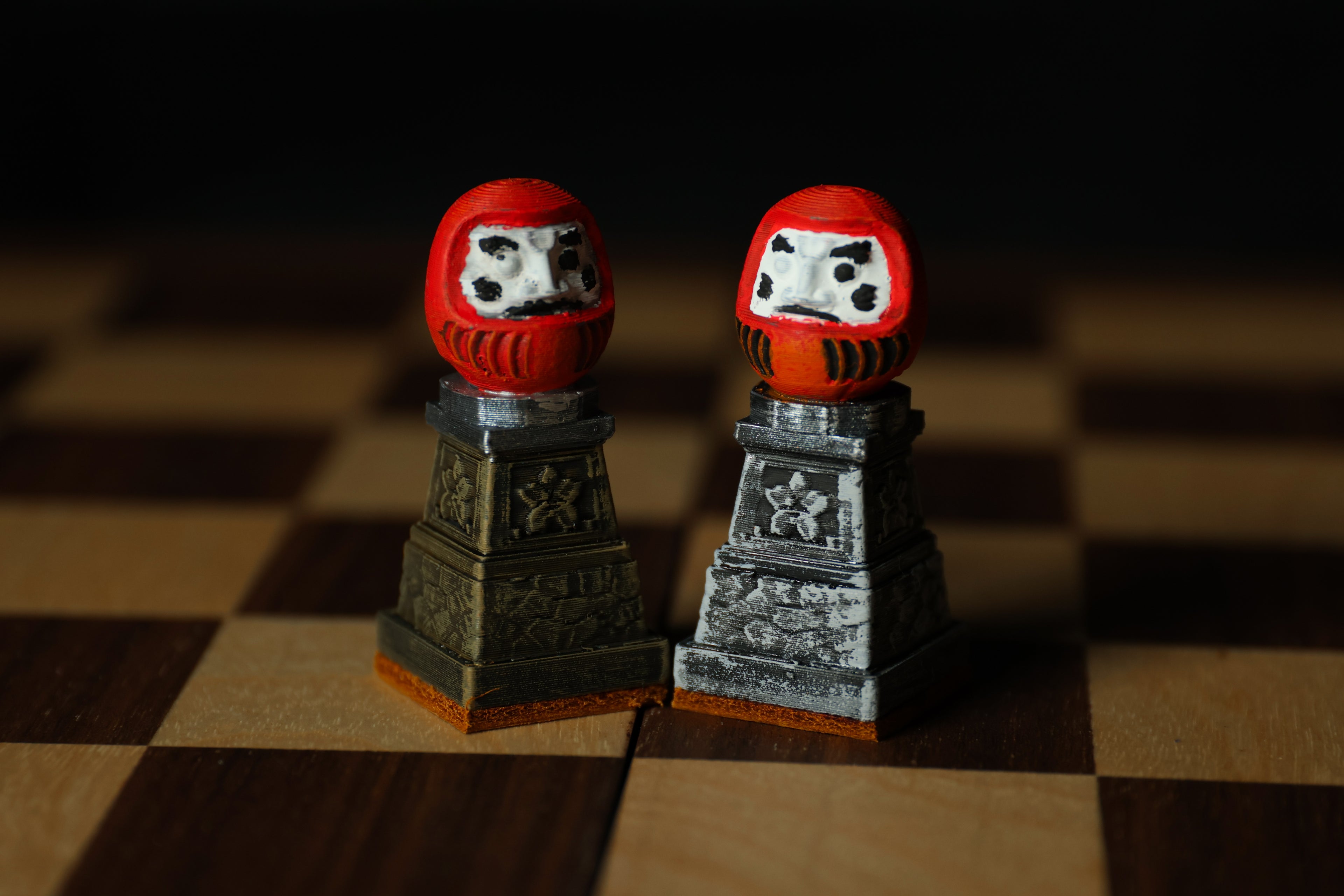 Japanese Chess Set (No Board) / Hand-Painted / Wood vs. Stone / Leather Base / Samurai, Geisha, and Ninja