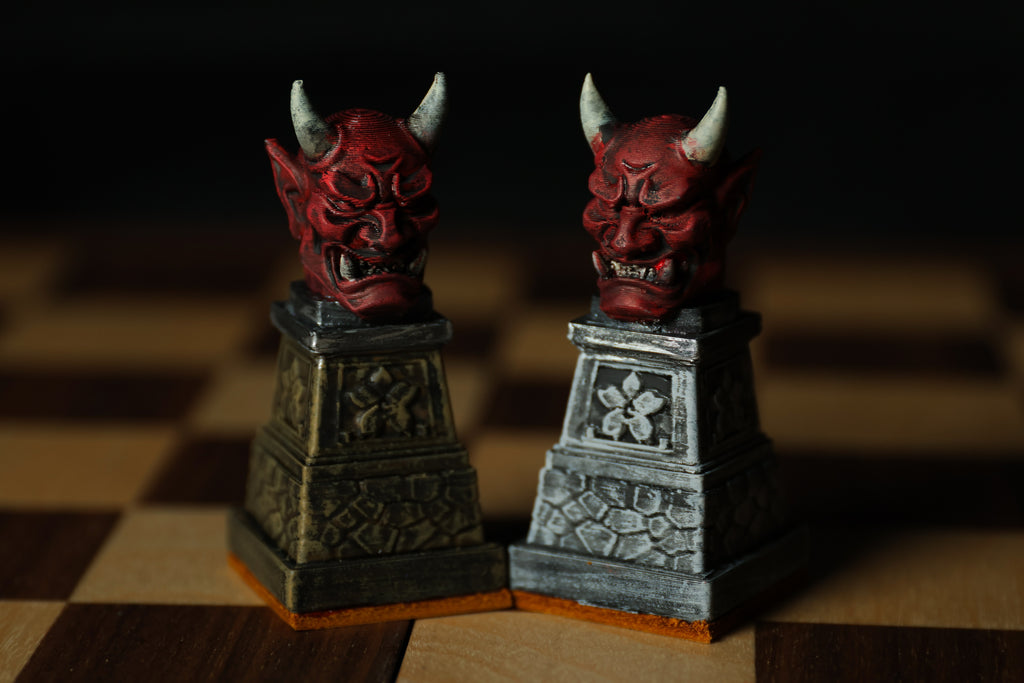 Japanese Chess Set (No Board) / Hand-Painted / Wood vs. Stone / Leather Base / Samurai, Geisha, and Ninja