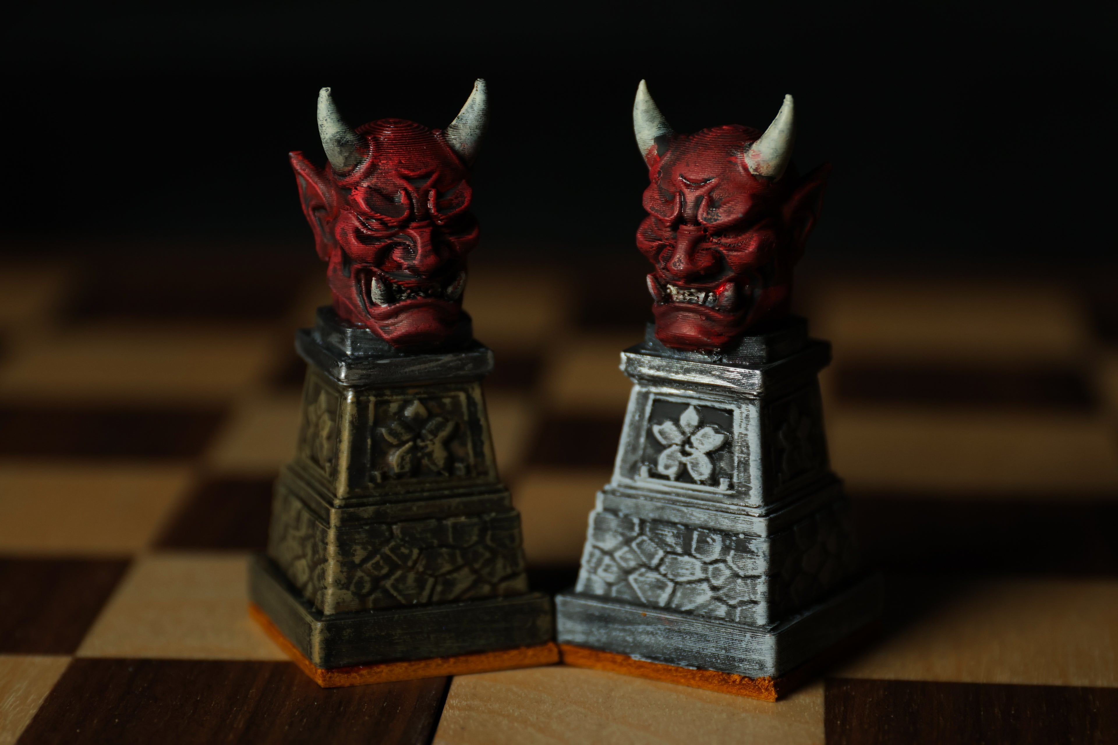 Japanese Chess Set (No Board) / Hand-Painted / Wood vs. Stone / Leather Base / Samurai, Geisha, and Ninja