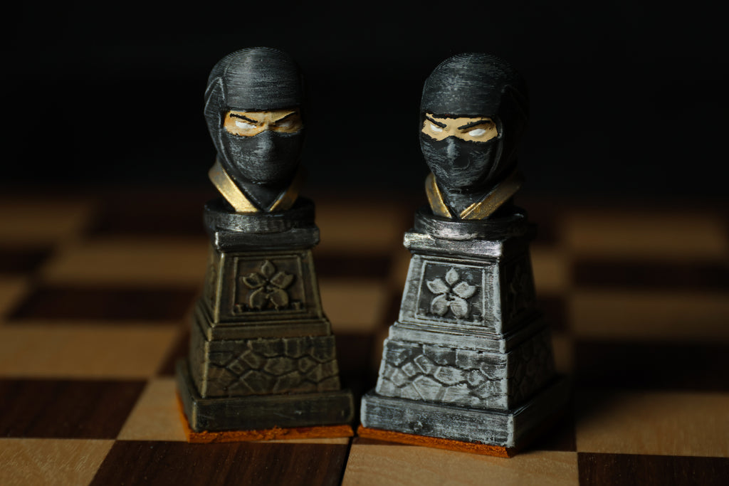 Japanese Chess Set (No Board) / Hand-Painted / Wood vs. Stone / Leather Base / Samurai, Geisha, and Ninja