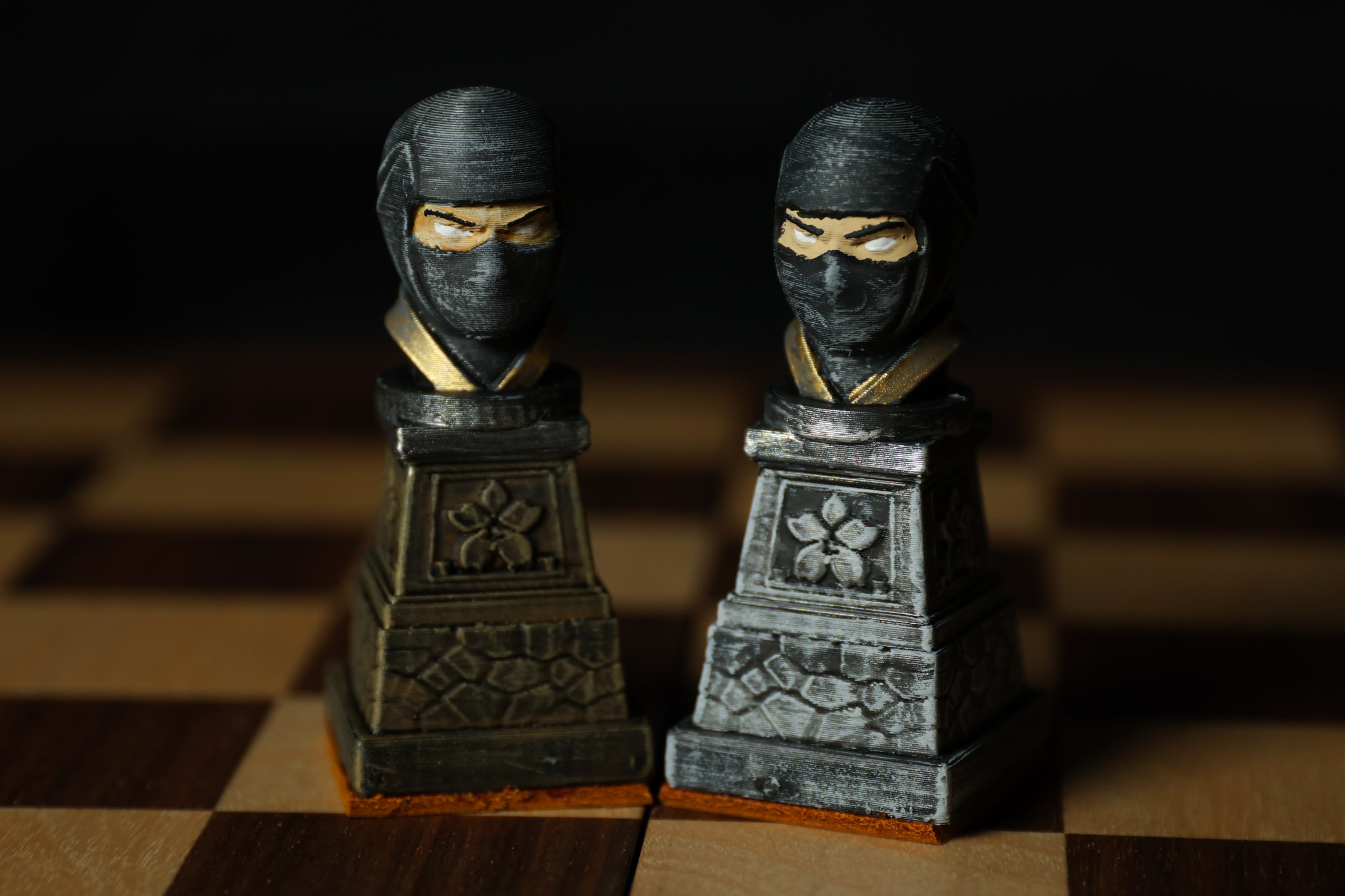 Japanese Chess Set (No Board) / Hand-Painted / Wood vs. Stone / Leather Base / Samurai, Geisha, and Ninja