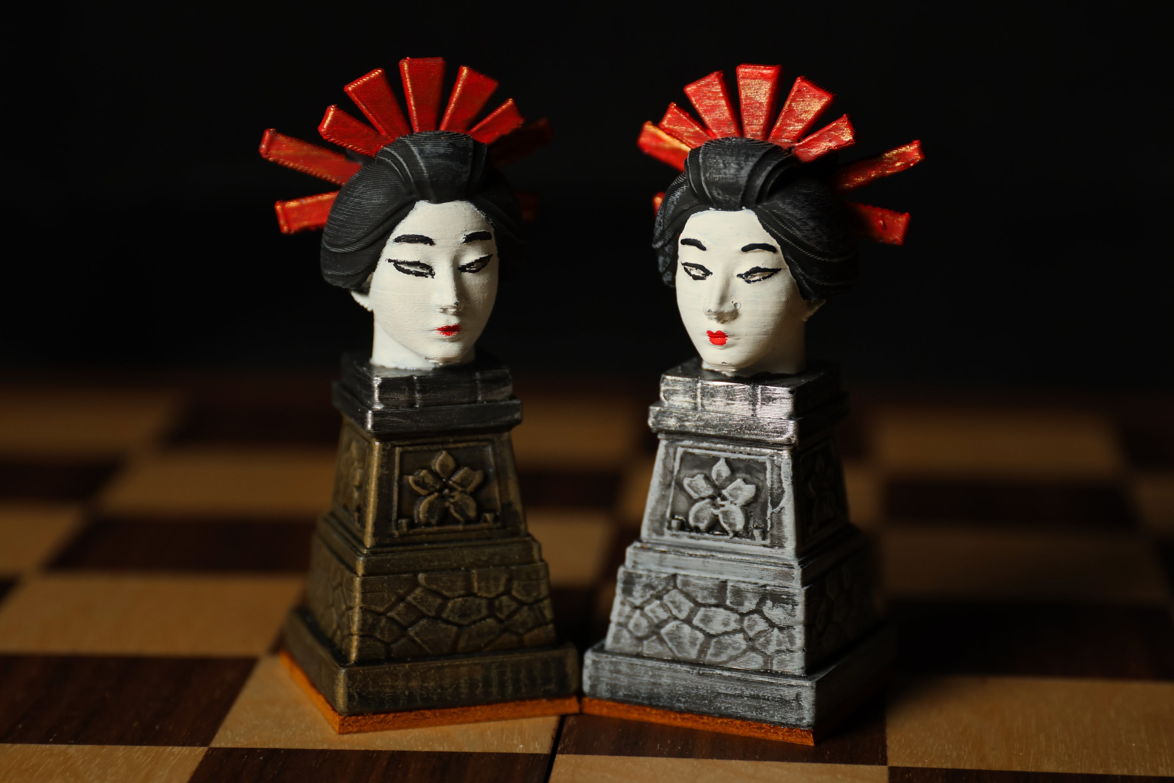 Japanese Chess Set (No Board) / Hand-Painted / Wood vs. Stone / Leather Base / Samurai, Geisha, and Ninja