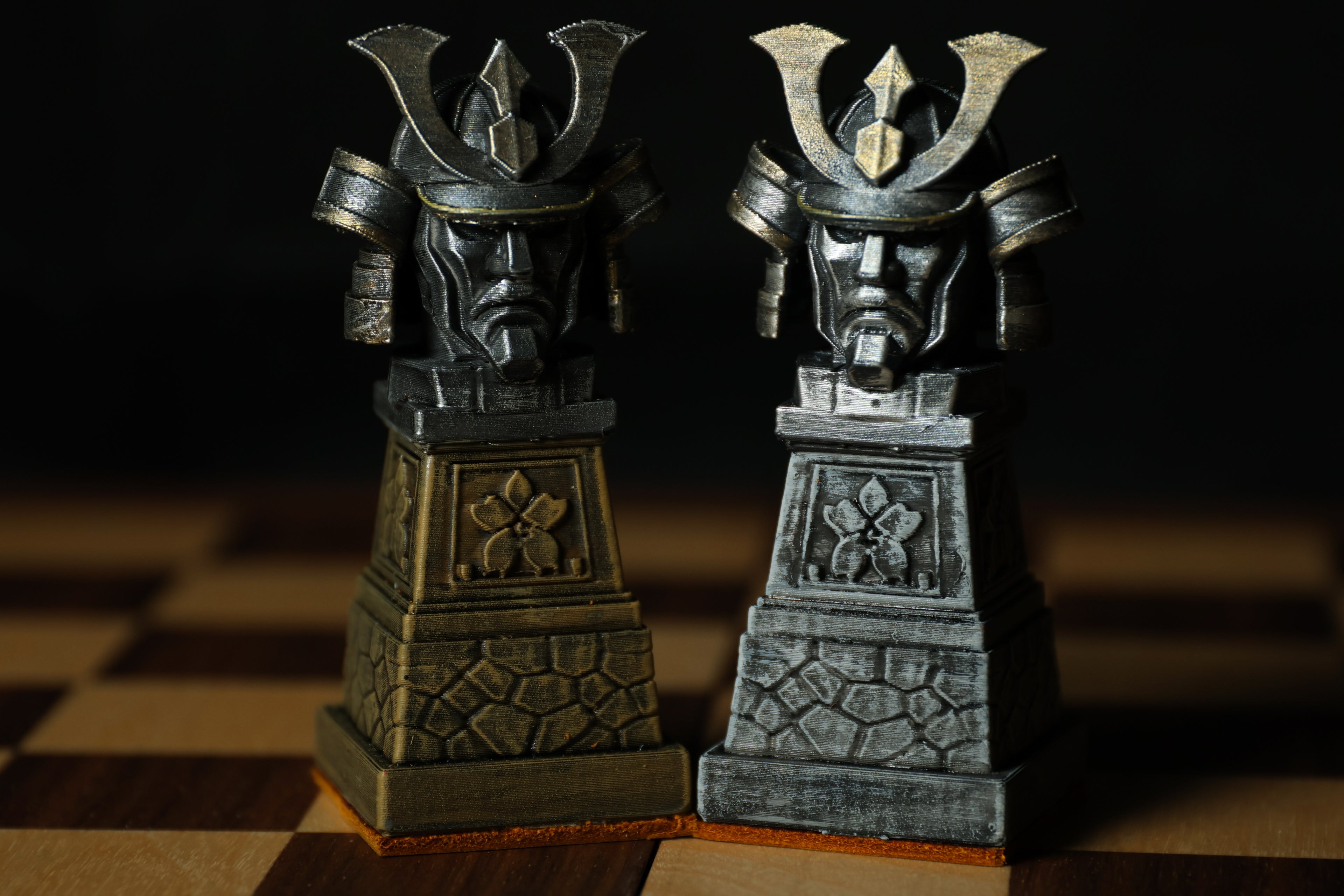 Japanese Chess Set (No Board) / Hand-Painted / Wood vs. Stone / Leather Base / Samurai, Geisha, and Ninja